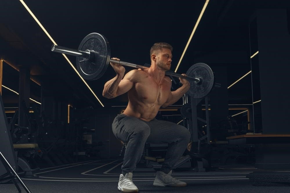 A man doing squats as one of the compound leg exercises.